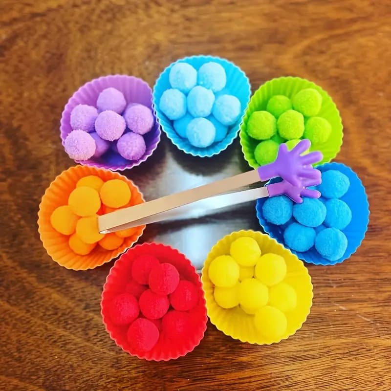 Brinquedo Educativo Montessori - Kit de Coordenação Motora Fina com Pompons e Pinça