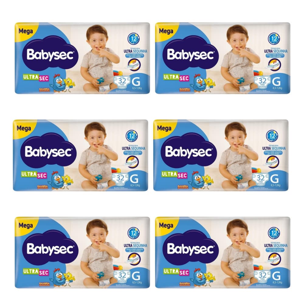 Pack 6x Fralda BabySec Ultrasec Mega G Galinha Pintadinha – 32 Unidades- Fraldas com Elásticos suaves
