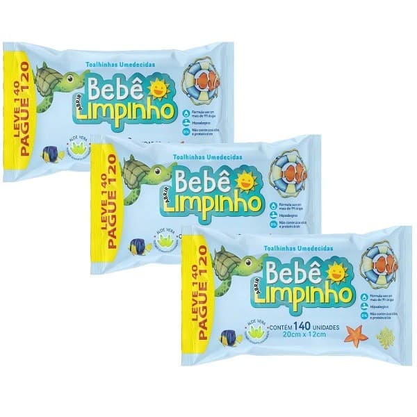 Kit com 3 Toalhas Umedecidas Bebe Limpinho 140 Unidades Cada Hipoalergenico
