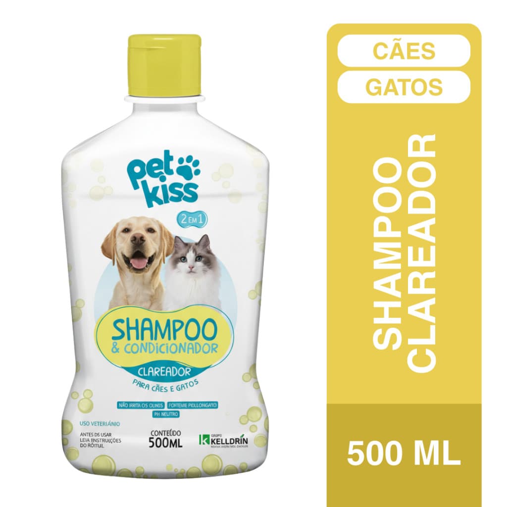 Shampoo Clareador Pet Kiss Kelldrin 500ml para Cães e Gatos Pelo Branco