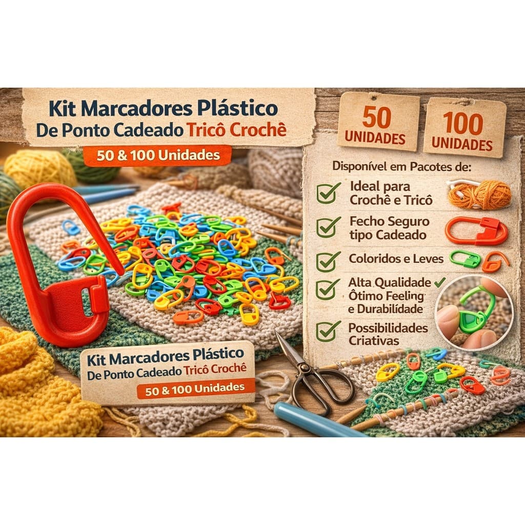 Kit Marcadores de Ponto Cadeado Crochê Tricô – Marcador de Ponto para Amigurumi e Artesanato