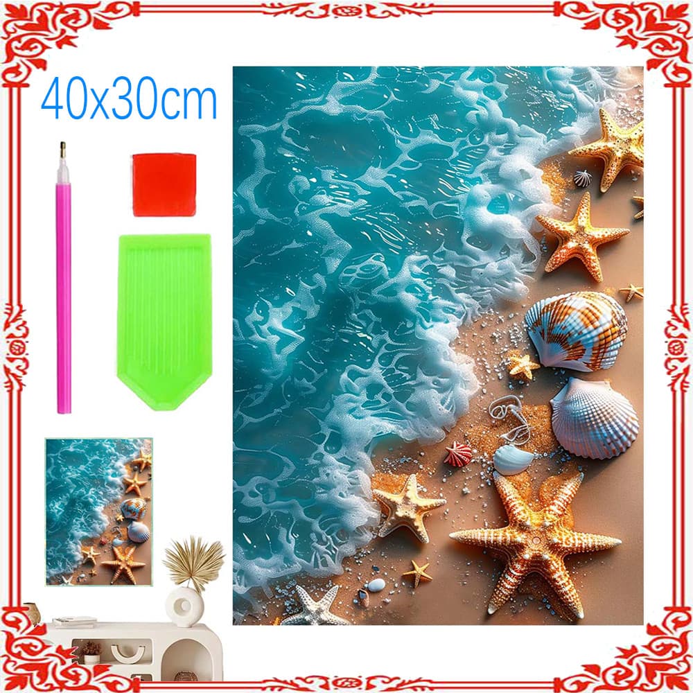 Quadro com conchas e ondas na praia, 40 x 30 cm, kit de pintura com diamantes 5D