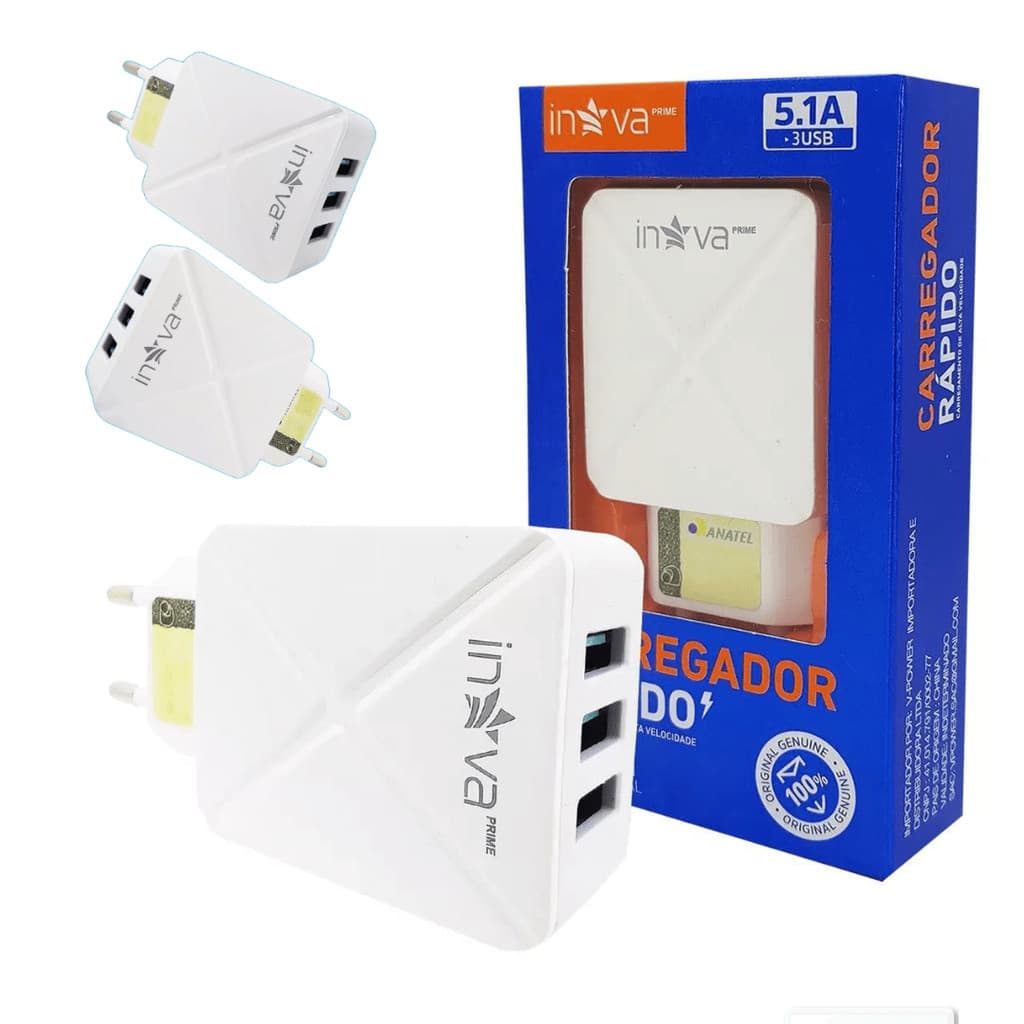 Carregador fonte celular 3 entradas usb tomada 5.1a turbo rápida