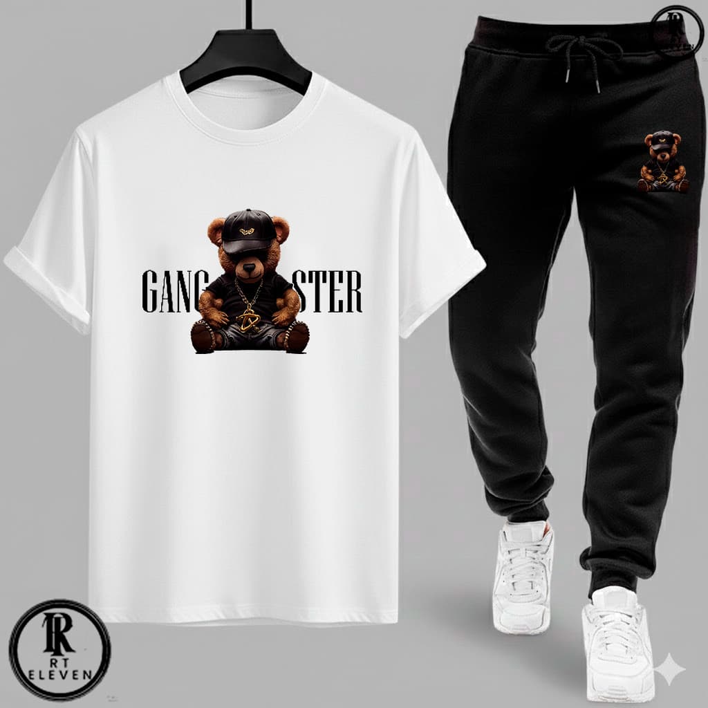 Kit Conjunto Urso  Gangster Camiseta e Calça moletom  Moda masculina camiseta casual Malha Algodão + calça Moletom
