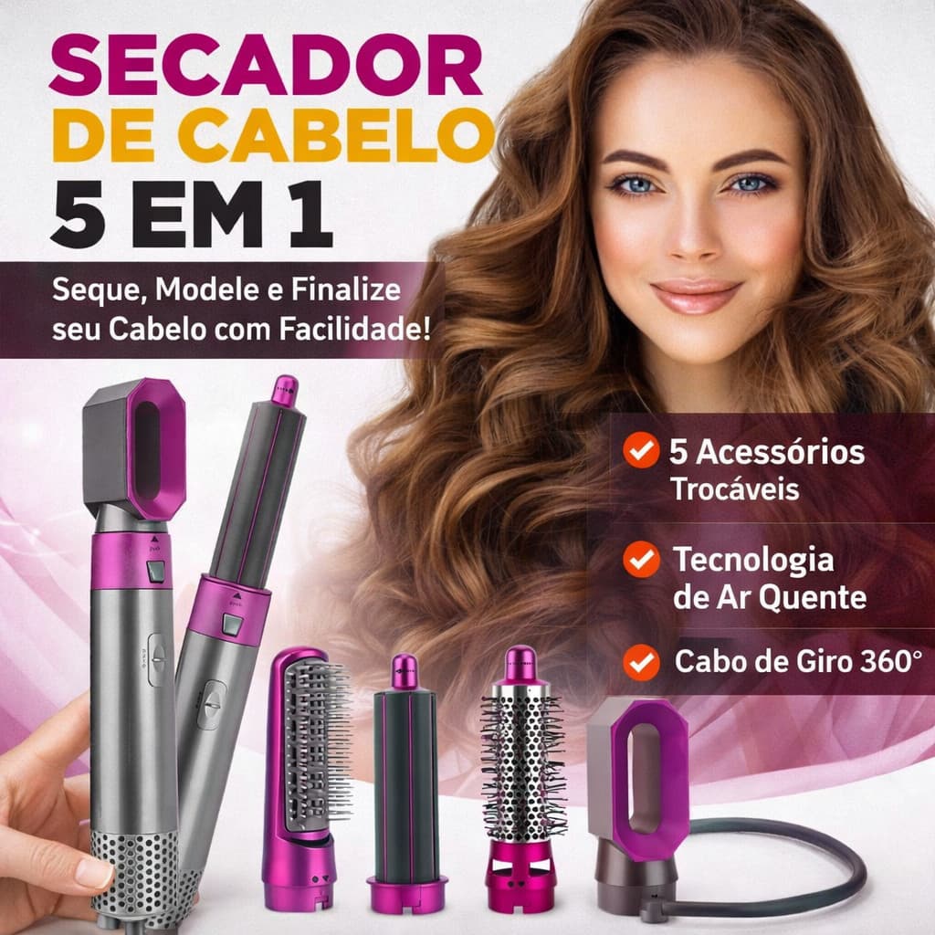Escova 5 em 1 Secador, Pente, Modelador, Aumenta volume Profissional 110V Nexora
