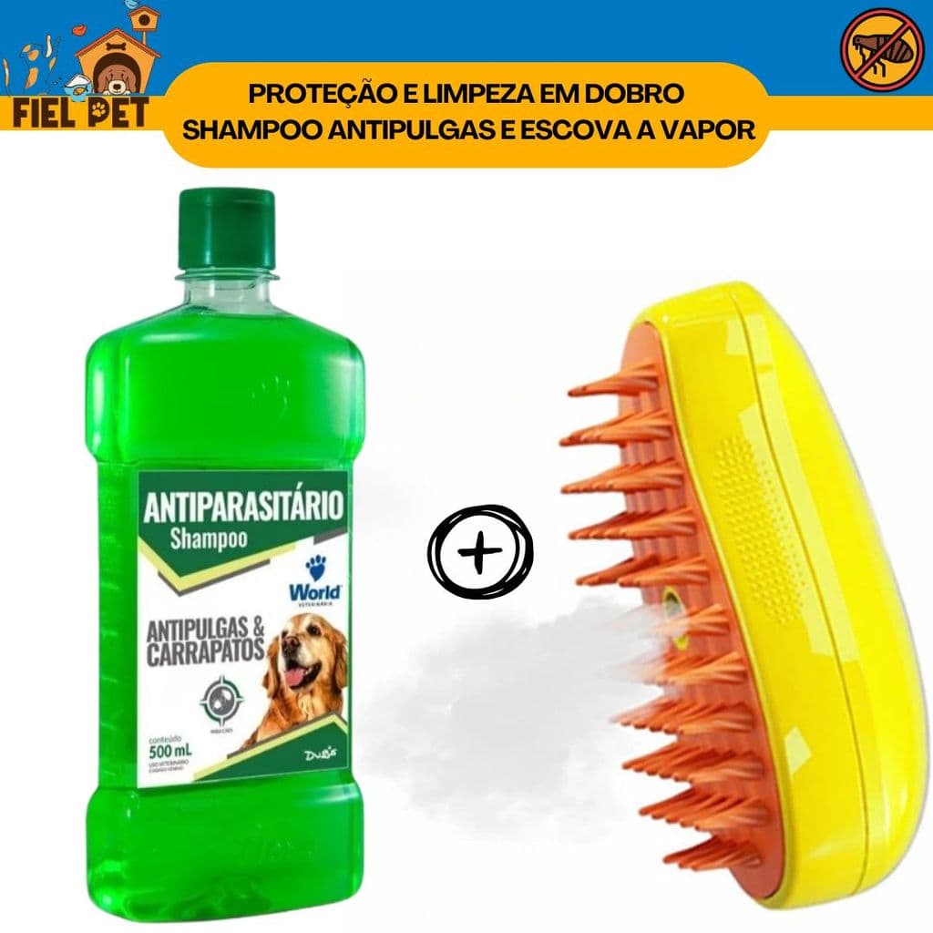 Kit Shampoo para Cachorro AntiParasitario + Escova Vapor Pet Cães e Gatos