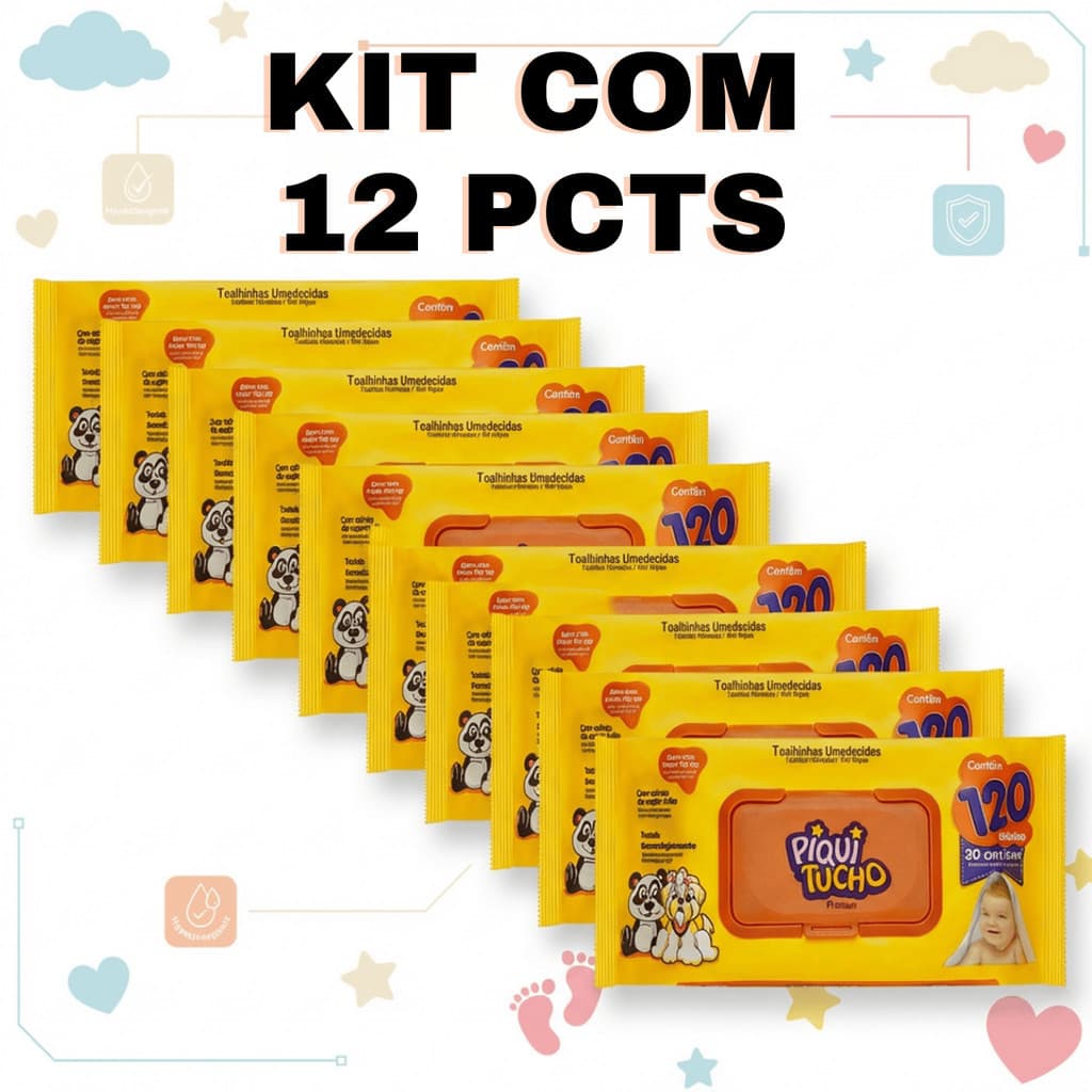KIt 12 Pacotes Toalha Lenço Umedecido Piquitucho 1440 Unidades