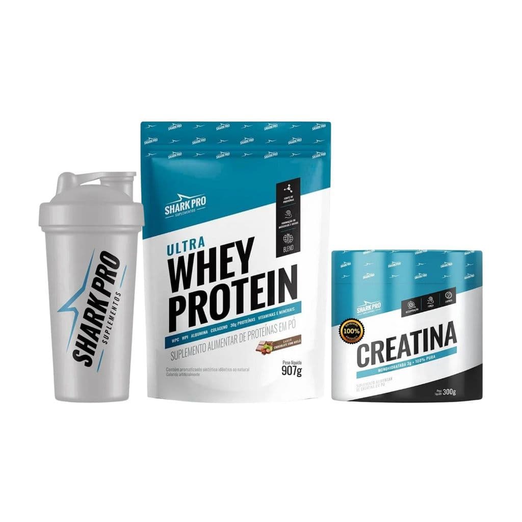 Mix Ultra Whey Protein 907g Chocolate com Avelã + Creatina + Coqueteleira Shark Pro