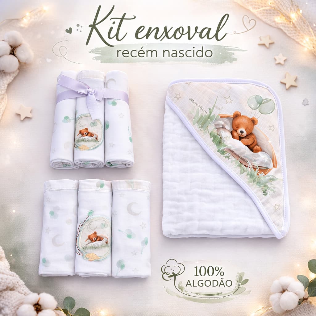 Kit Enxoval Bebê 7 Peças 100% Algodão Toalha Capuz 85x85 Cueiro Flanelado Fralda Luxo Recém Nascido