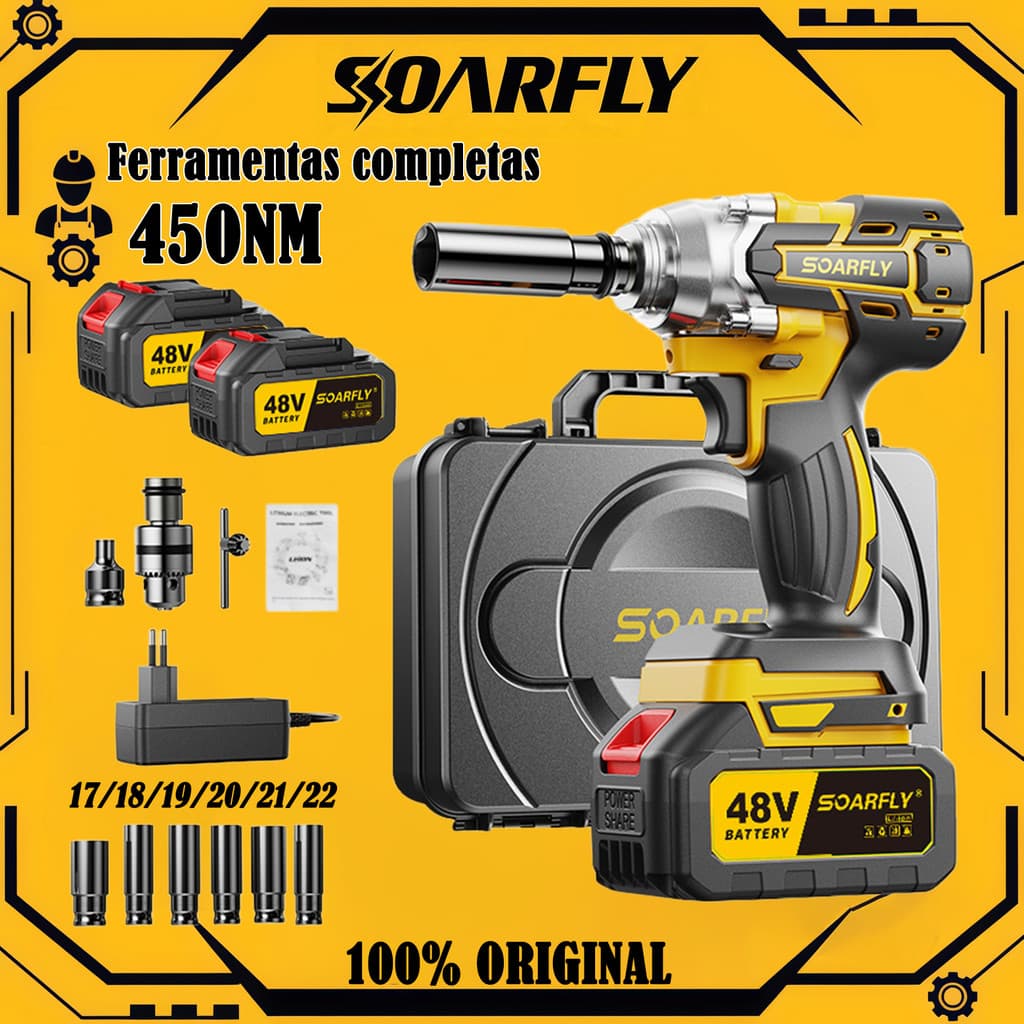 Chave de Impacto Eletrica 450NM Parafusadeira Furadeira Brushless 48V 2 Baterias kit ferramentas completo