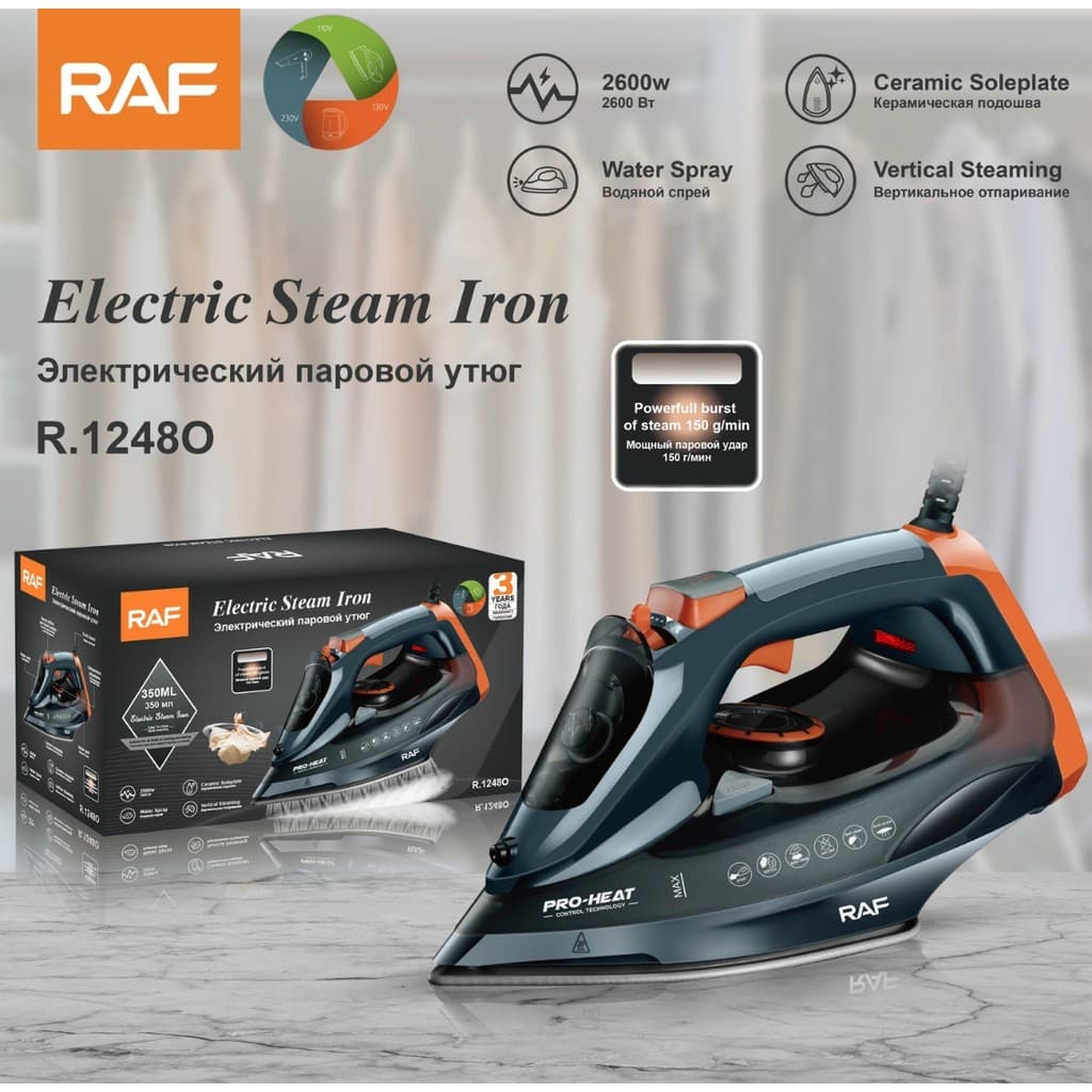 Padrão europeu exportação doméstico portátil ferro a vapor alta potência 2200W placa inferior cerâmica ferro elétrico