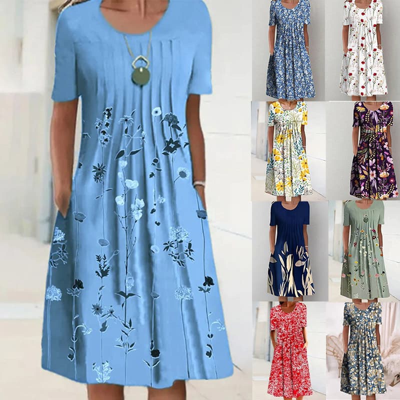 Vestido Casual Vestido Feminino de Primavera Verão de Manga Curta Floral de Verão Impressão Floral de Bolso de Pescoço Redondo Vestido Feminino de Meio Comprimento