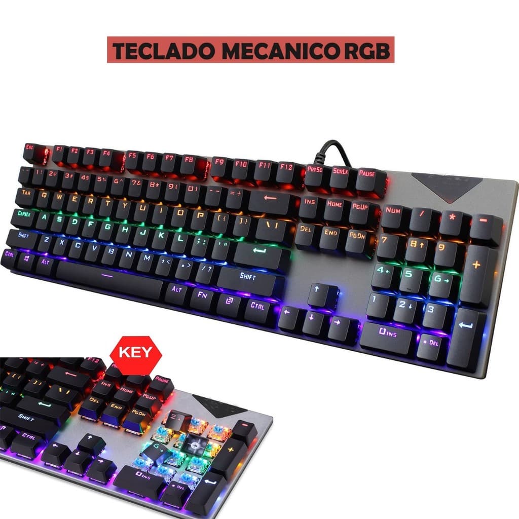 Teclado Mecânico Rgb 7 Cores Gamer ABNT2 Switch Blue Anti Ghosting Usb Pc Computador Yis ley-2081