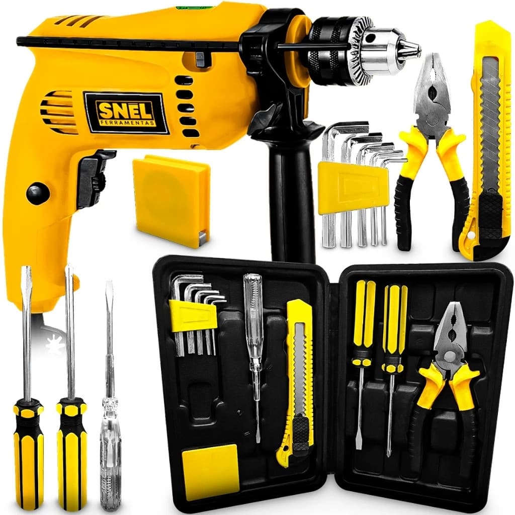Furadeira de Impacto 500W com Kit de Ferramentas Completo em Maleta Resistente  11 Peças Essenciais