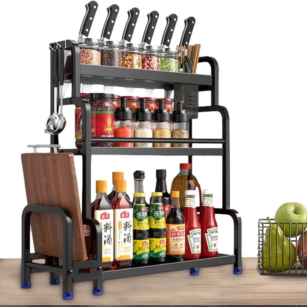 Organizador de Cozinha Multiuso 3 Andares – Suporte para Temperos, Facas e Tábua