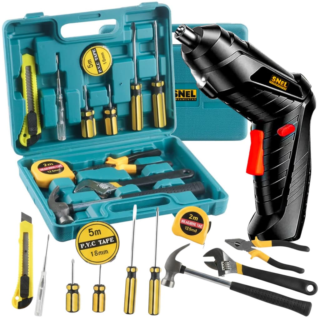 kit de Ferramentas 13 Peças Completo Alicate martelo Fendas + Parafusadeira Eletrica 5v