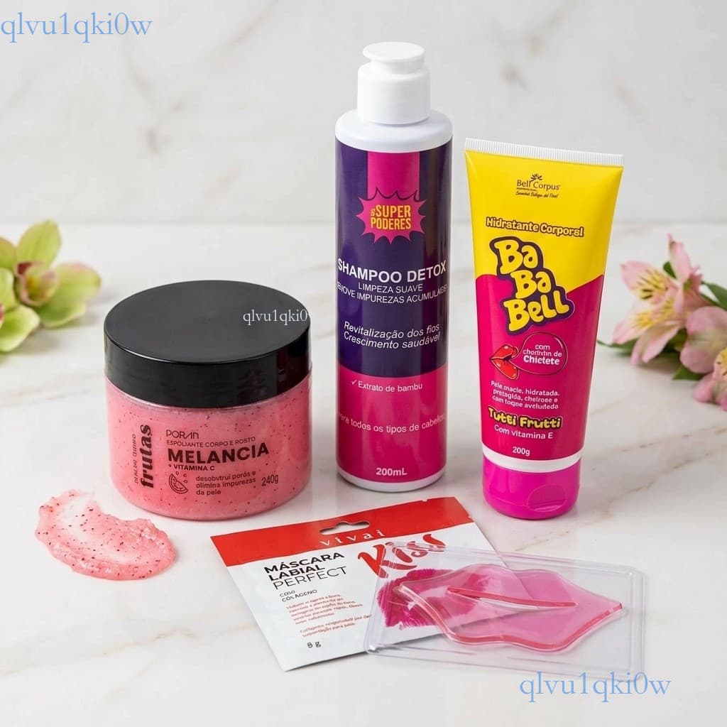 KIT Spa em Casa 4 Pcs: Esfoliante Melancia + Hidratante Bababell + Shampoo Detox + Máscara Labial Pronta entrega ✨ki0ww