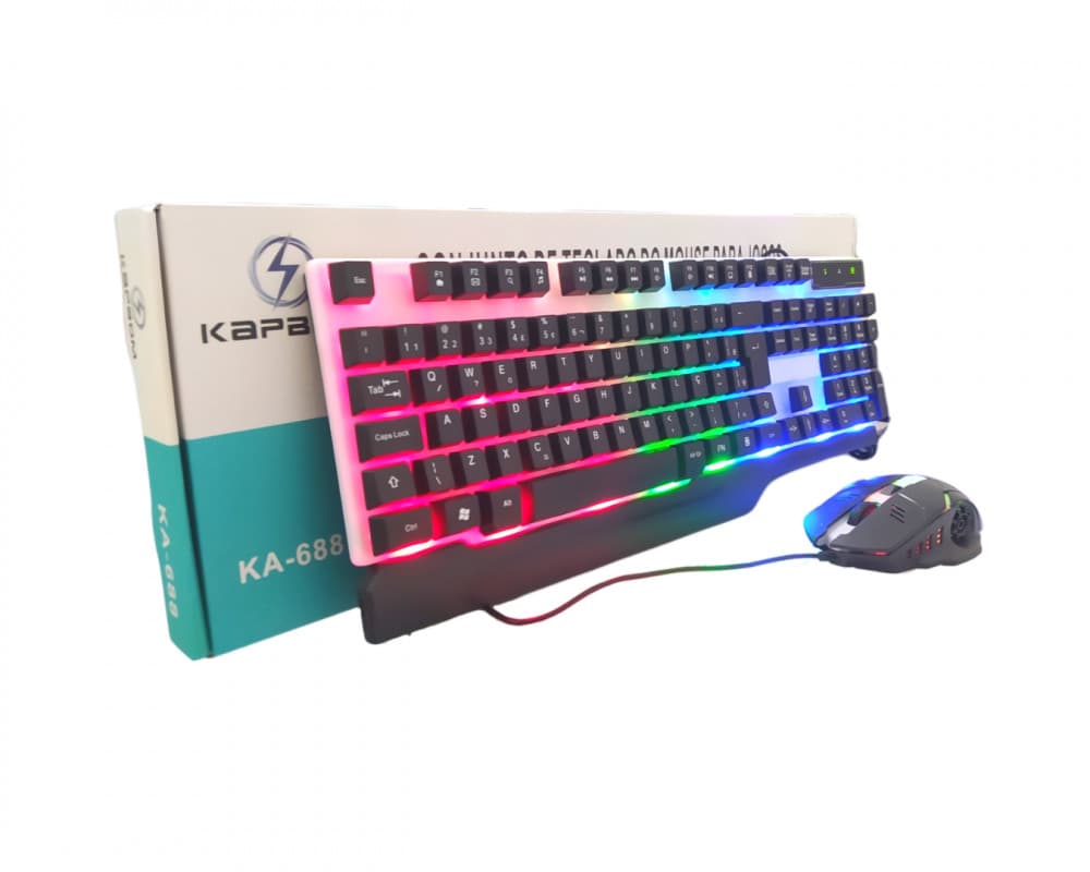 Kit Teclado e Mouse Gamer Semi Mecânico LED RGB Kapbom KA-688 ABNT2 USB Plug & Play PC Notebook