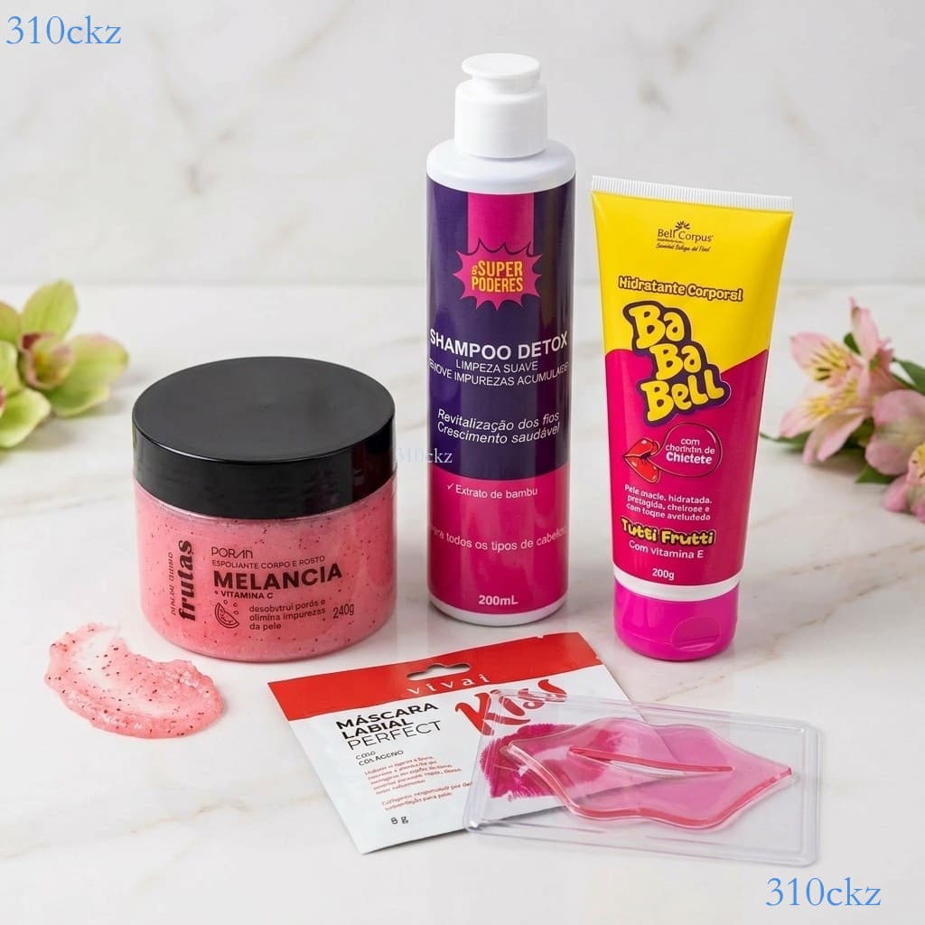 KIT Spa em Casa 4 Pcs: Esfoliante Melancia + Hidratante Bababell + Shampoo Detox + Máscara Labial Pronta entrega ✨310ckz