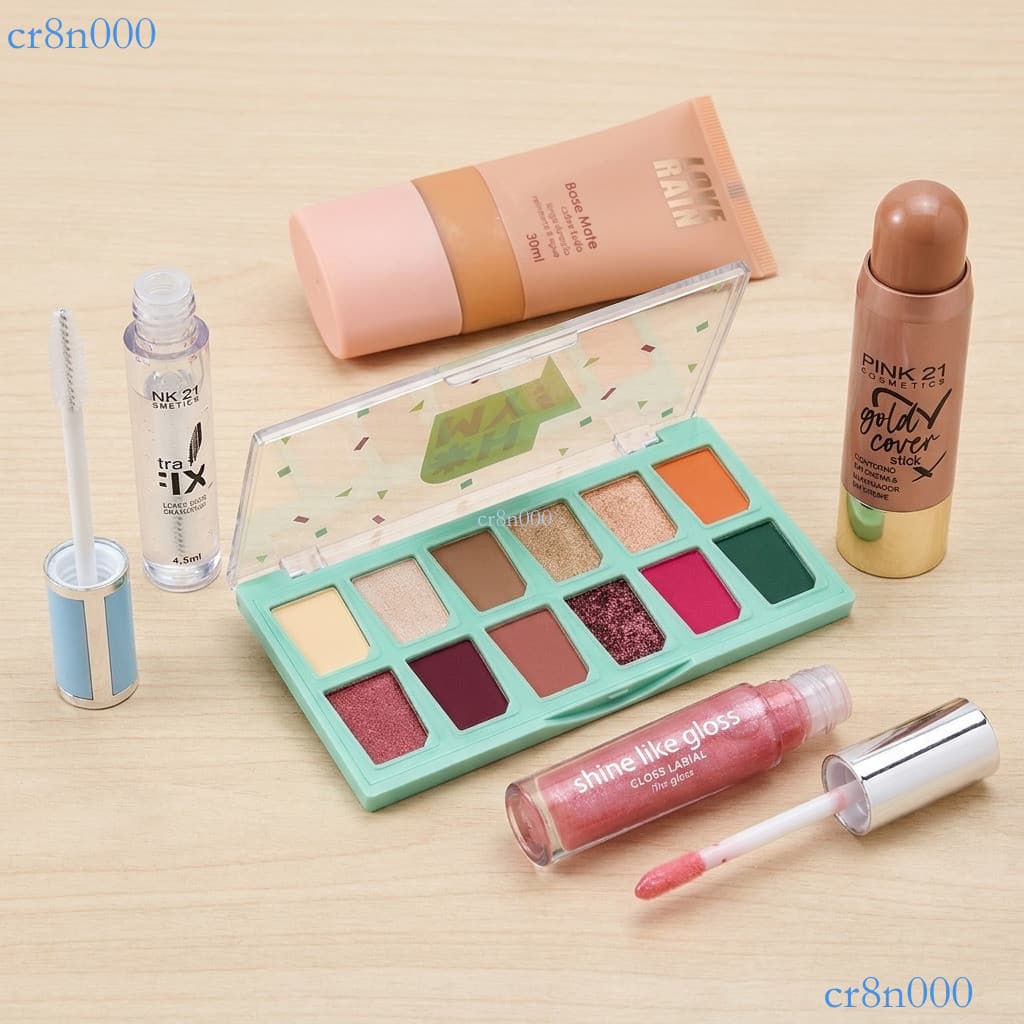 Kit Maquiagem 5 Peças: Base + Sobrancelha Líquida + Corretivo + Gloss Labial + Paleta de Sombras ✨cr8n000