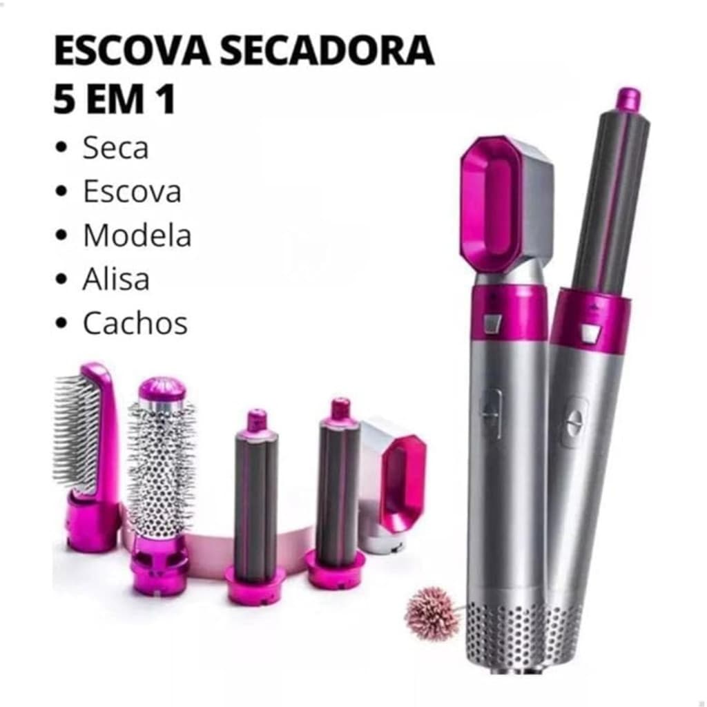 Escova Secadora de Cabelo 5 em 1 Profissional – Tecnologia Multifuncional 110V Rosa e Prata