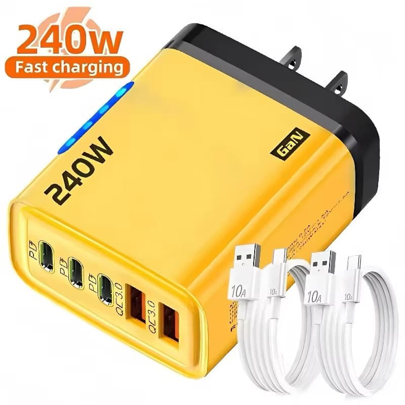 Adaptador De Carregador Rápido 240W 5 Portas PD USB 10A Type C Cabo De Carga Super Rápida Alimentação De Luz LED Para Ad