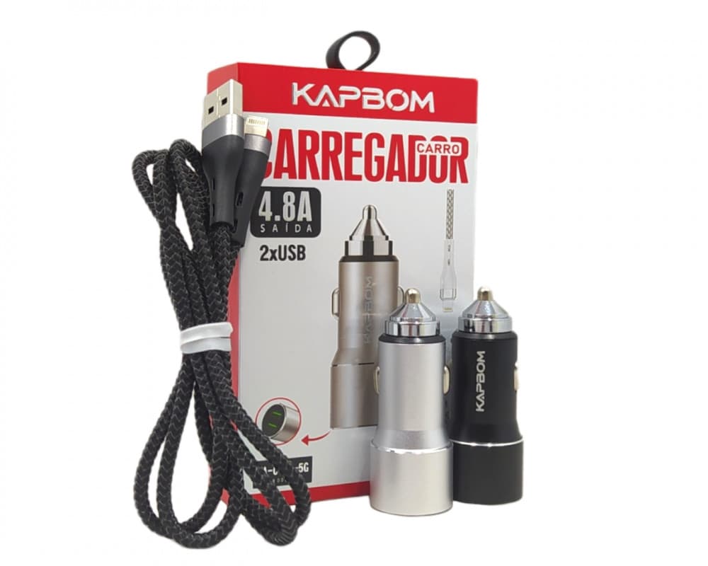 Carregador Veicular 12v TURBO 2 Portas USB 4.8A Cabo Lightning Móvel