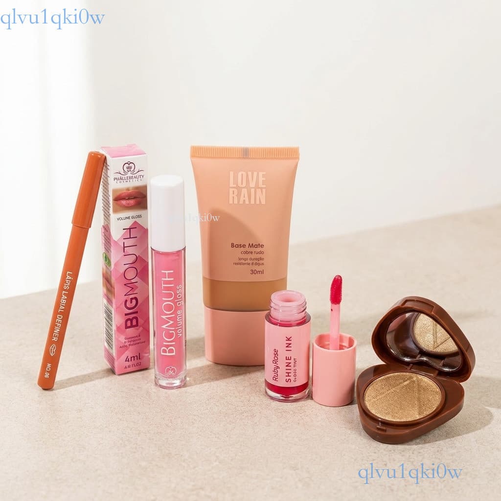 Maquiagem 5 em 1 Completo – Gloss Tint, Lápis Labial, Brilho Labial, Iluminador e Base Líquida