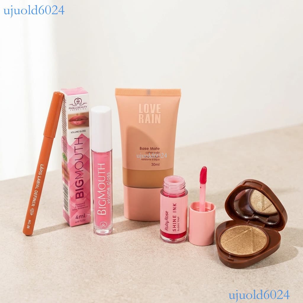 Maquiagem 5 em 1 Completo – Gloss Tint, Lápis Labial, Brilho Labial, Iluminador e Base Líquida ✨ujuold6024