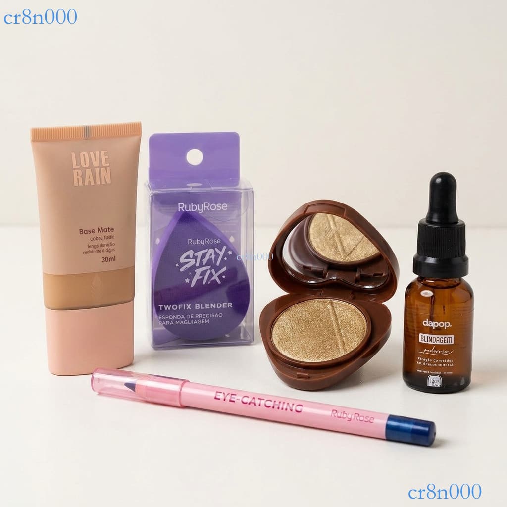 Maquiagem 5 em 1 Completo - Pó Translúcido, Máscara de Cílios, Esponja, Iluminador e Base Líquida ✨cr8n000