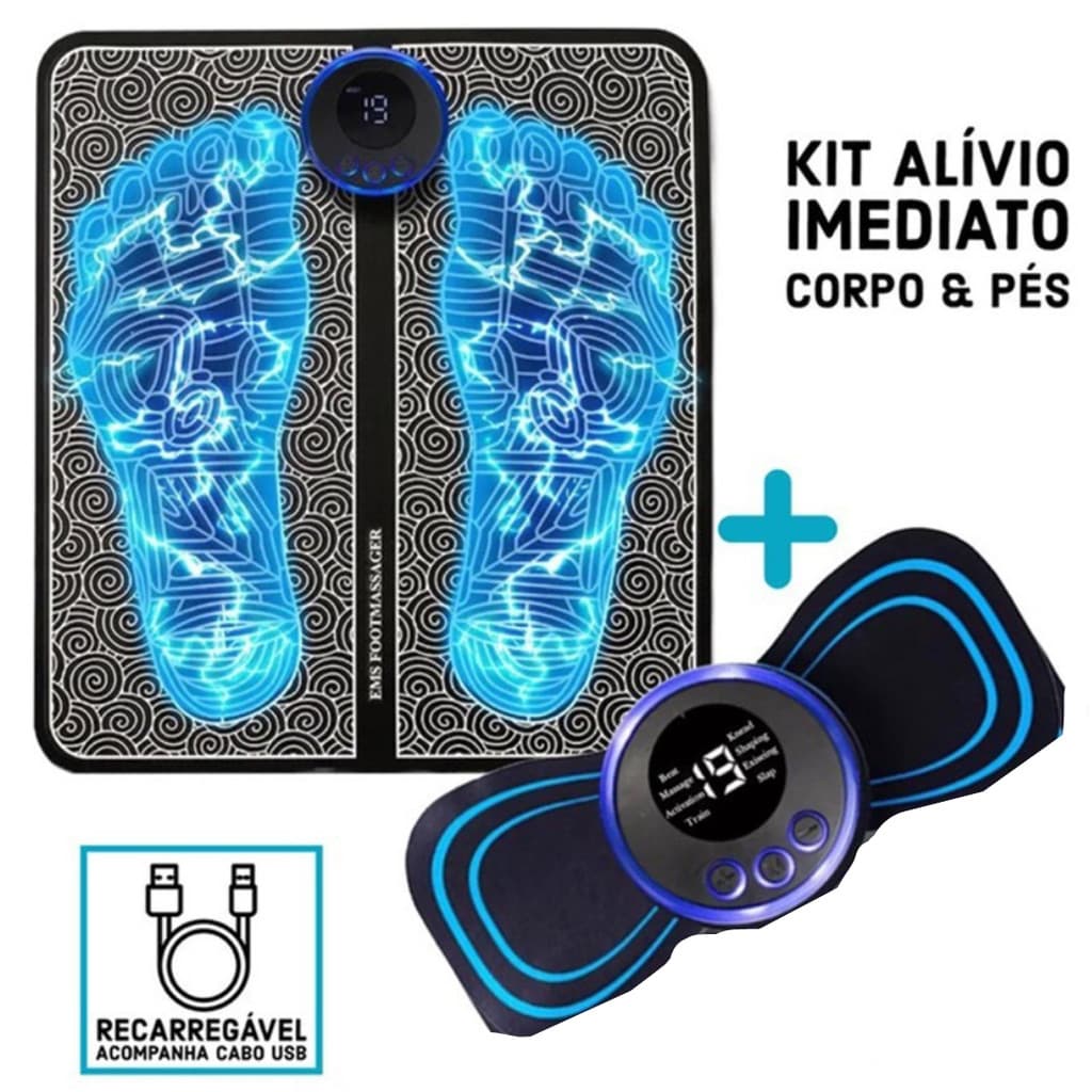 Kit Massagem Completo – Tapete Massageador + Massageador Elétrico – Alívio de Dores nos Pés e Musculares