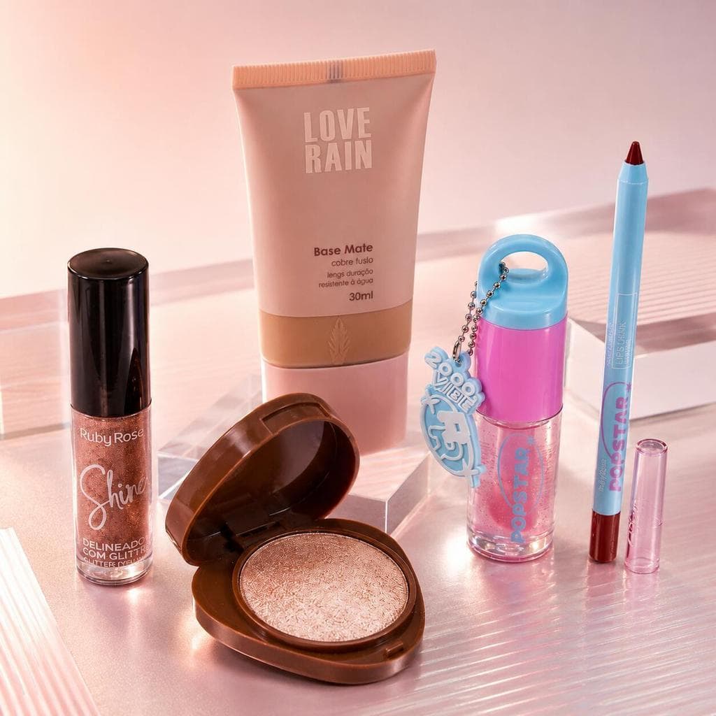 Maquiagem 5 em 1  – Delineador Glitter, Iluminador Baked, Óleo Labial, Lápis de Lábios e Base Líquida