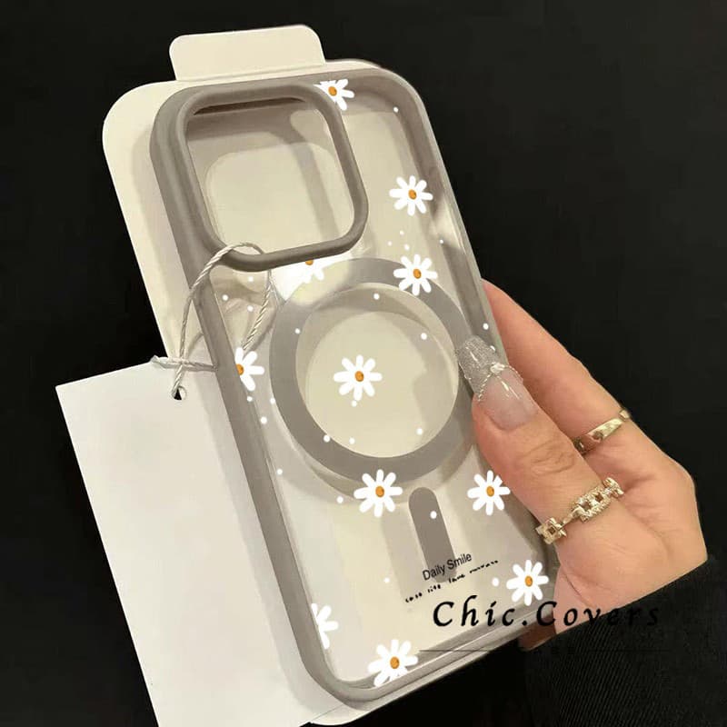 Tela Cheia Margarida Flor Caso Magnético Para iPhone 11 15 17 16 12 14 13Pro Max Plus Fosco Capa Clara X XR XS celular