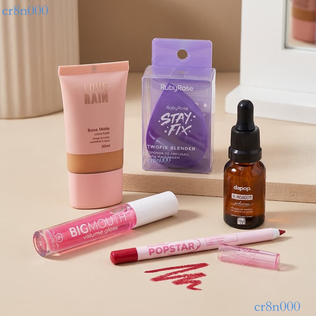 Maquiagem 5 em 1 Completo - base, esmalte labial, esponja, delineador labial y base líquida  ✨cr8n000