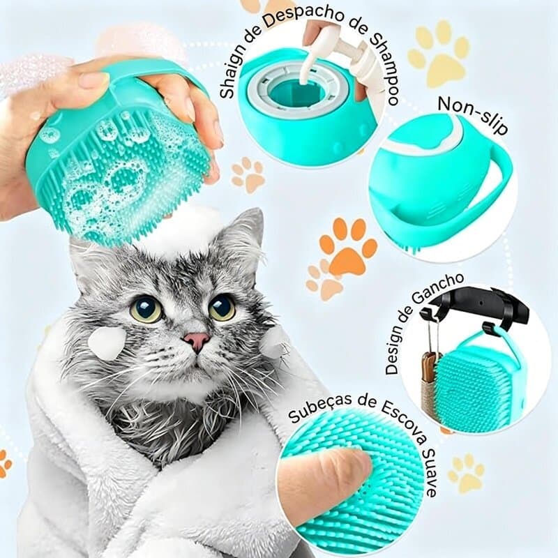 Esponja de Silicone para Banho com Dispenser de Sabonete Escova Suporte Shampoo Ideal para Pets e Crianças