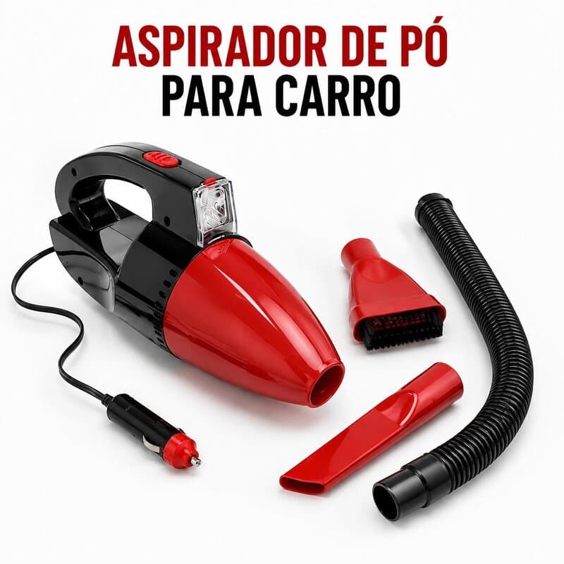 Aspirador de Pó Portátil Para Carro 12V Automotivo Com Cabo e Acessórios Limpeza Interna Veicular