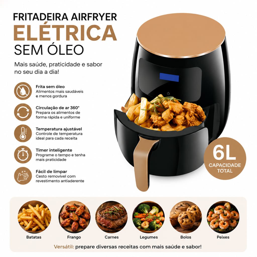 ⭐ Fritadeira Sem Óleo Digital Air Fryer 6L Touch Screen