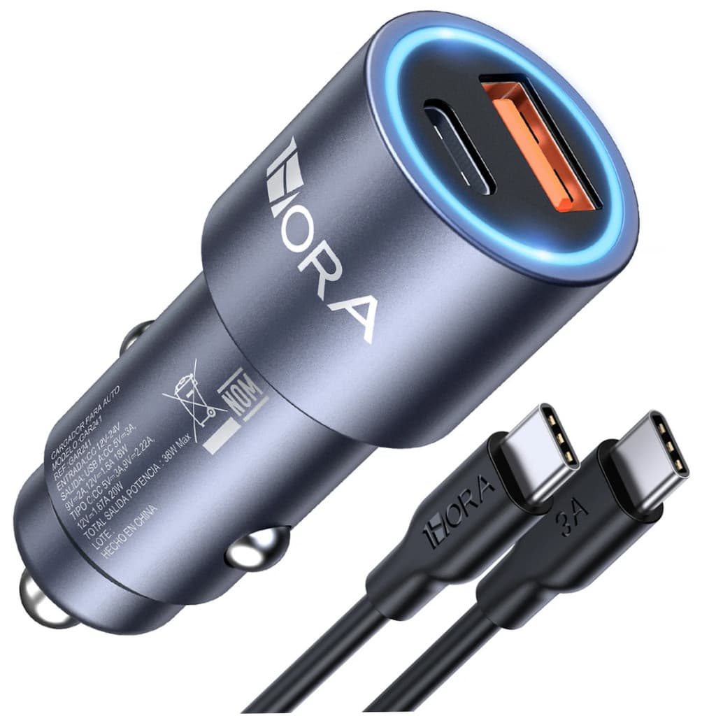 Carregador Veicular Rápido 38W com USB-C PD e USB