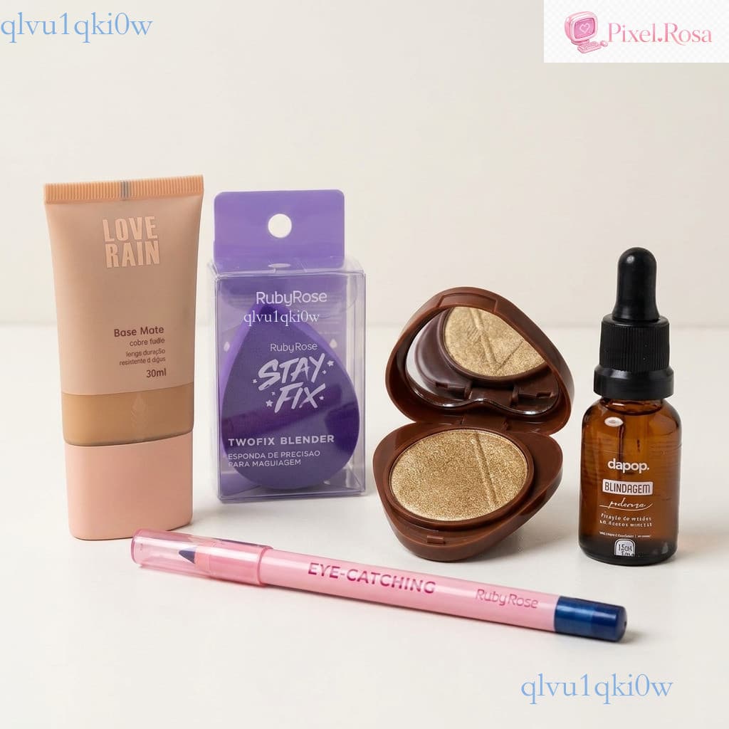 Maquiagem 5 em 1 Completo - Pó Translúcido, Máscara de Cílios, Esponja, Iluminador e Base Líquida ✨ki0ww Pixel.Rosa