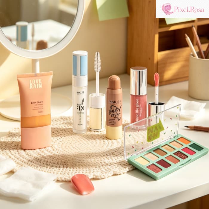 Kit 5 em 1 Maquiagem Base + Sobrancelha Líquida + Corretivo + Gloss Labial + Paleta de Sombras Pixel.Rosa