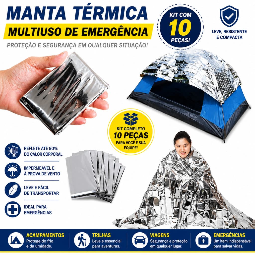 Manta Térmica Aluminizada 2,10x1,40 Resgate SP Kit 10 Unidades Emergência e Primeiros Socorros
