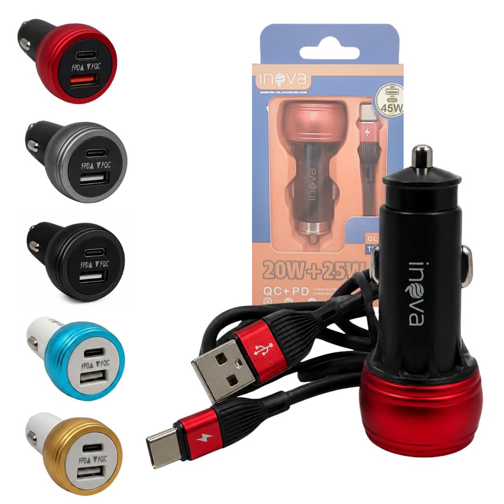 Carregador Veicular 12V TURBO USB / TIPO-C 45W Cabo TIPO-C Móvel INOVA GL18-C