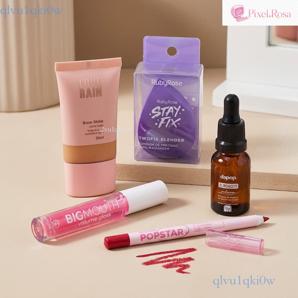 Maquiagem 5 em 1 Completo - base, esmalte labial, esponja, delineador labial y base líquida  ✨ki0ww Pixel.Rosa