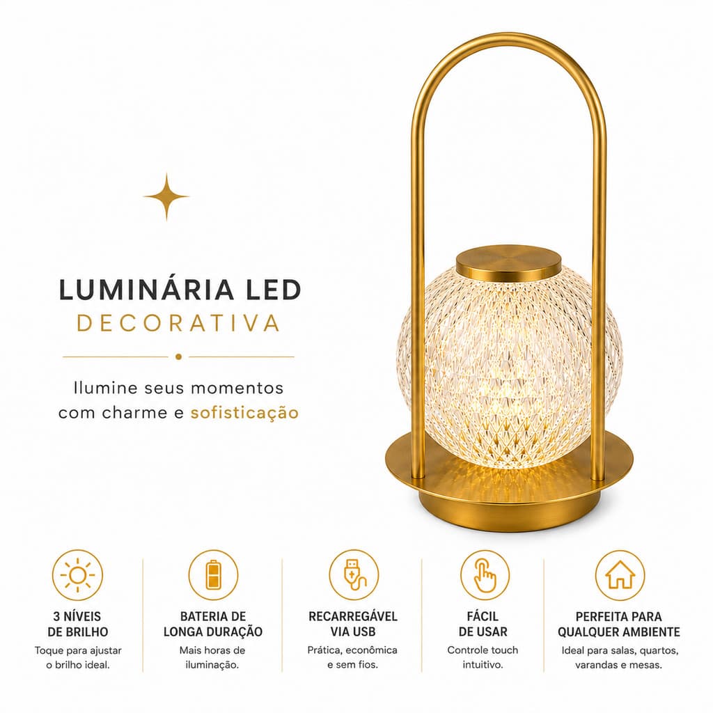 Luminária LED Decorativa Recarregável, Luminária pra decoração, Luminária de varanda