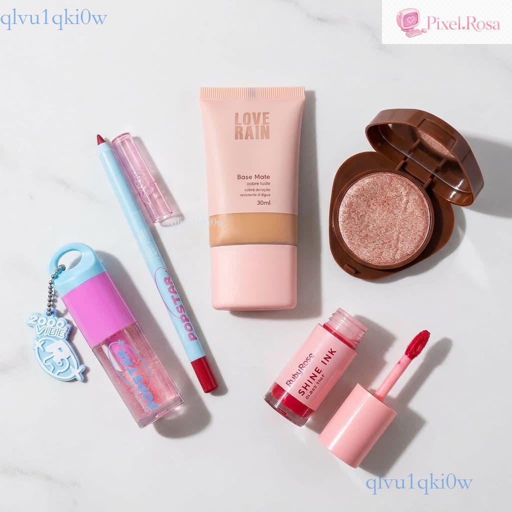 Maquiagem 5 em 1  – Delineador Glitter, Iluminador Baked, Óleo Labial, Lápis de Lábios e Base Líquida ✨ki0ww Pixel.Rosa