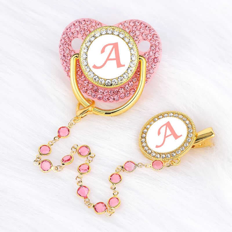Chupeta de bebê rosa de alta qualidade com letra de diamante chupeta de bebê com corrente de contas de vidro