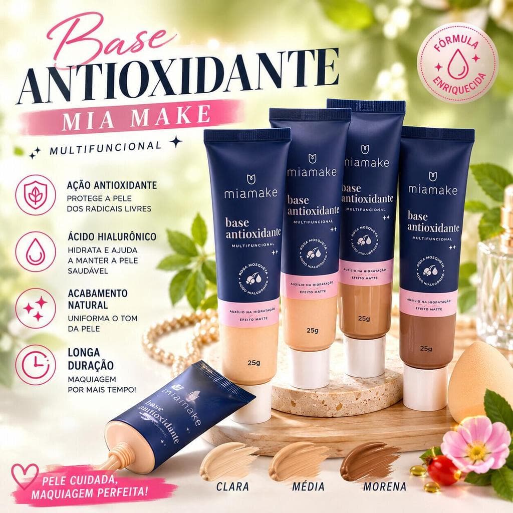 Mia Make Base Líquida Matte 325 Toque Seco Cuidado Antioxidante Pele Oleosa Cobertura Natural