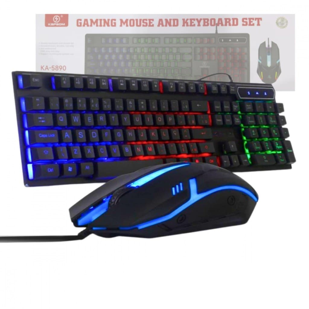 Kit Teclado e Mouse Gamer RGB ABNT2 USB Semi Mecânico Preto Kapbom 107 Teclas