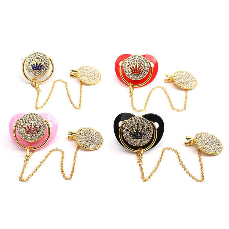 Chupeta de bebê estilo coroa de diamante completo com alça de chupeta de diamante corrente Anti-queda