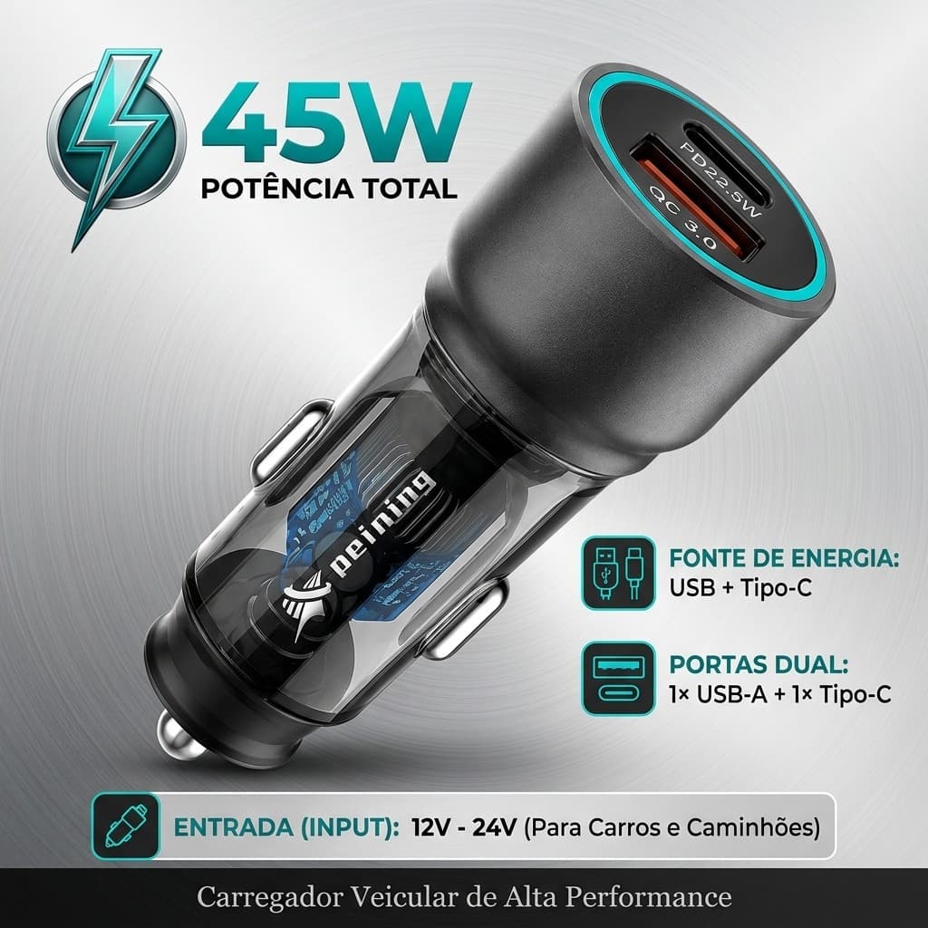 Carregador Veicular USB Tipo C Carregamento Turbo 45W